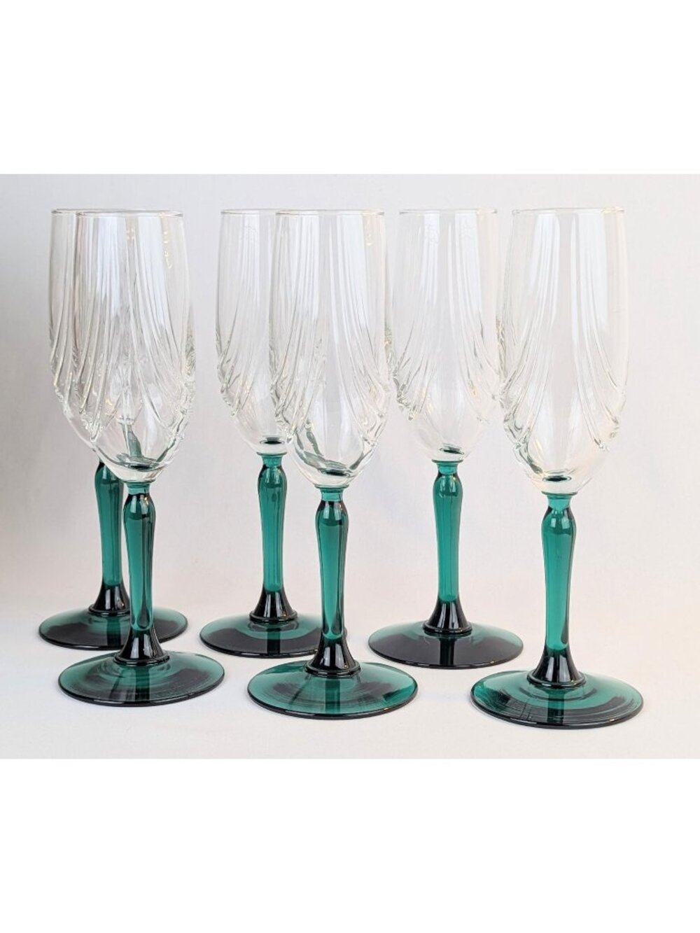 Set of 6 Libbey Crystal Green Champagne Flutes 1980s Retro Clear Bowl Green Stem